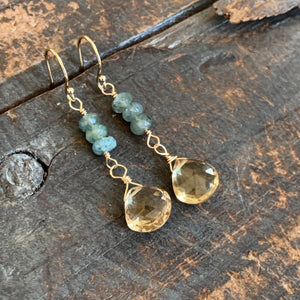 Quest Earrings / Moss Aquamarine with Champagne Quartz