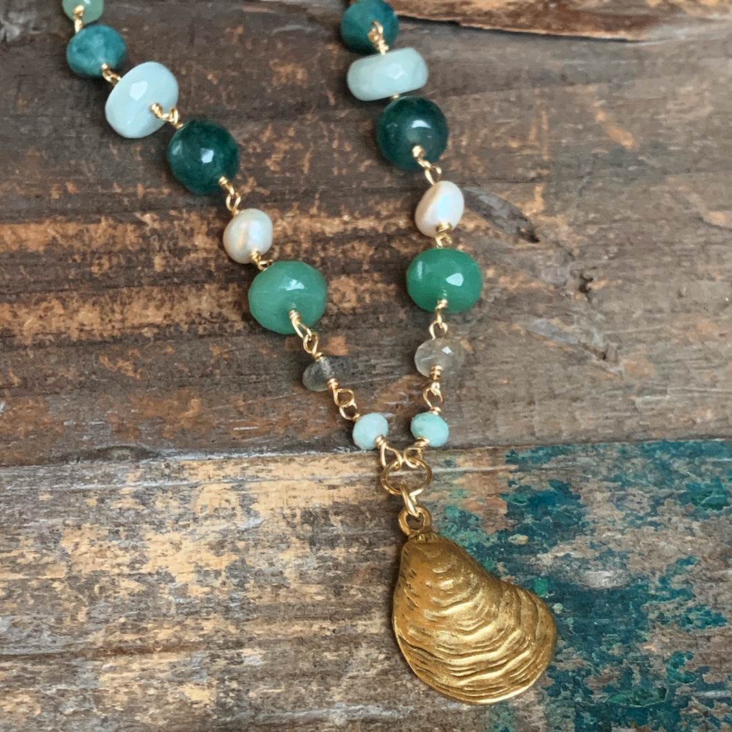 Chesapeake Necklace | Green Gemstones and Pearls with Oyster Pendant