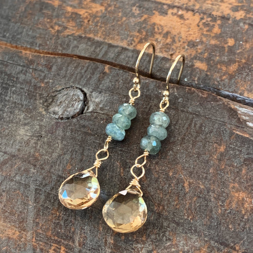 Quest Earrings / Moss Aquamarine with Champagne Quartz