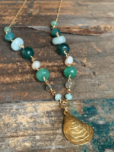 Chesapeake Necklace | Green Gemstones and Pearls with Oyster Pendant