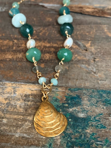 Chesapeake Necklace | Green Gemstones and Pearls with Oyster Pendant