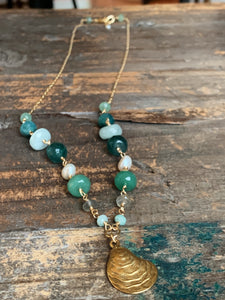 Chesapeake Necklace | Green Gemstones and Pearls with Oyster Pendant