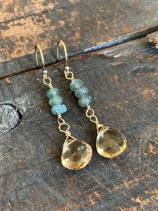 Quest Earrings / Moss Aquamarine with Champagne Quartz