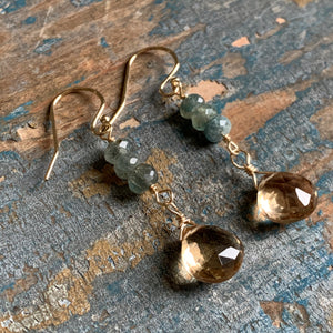 Quest Earrings / Moss Aquamarine with Champagne Quartz