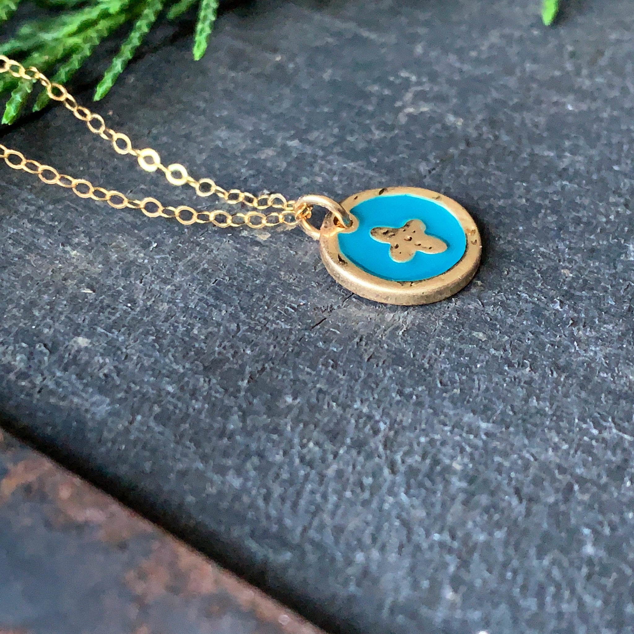 Gold-Filled Enamel Heart Charm Necklace Sky Blue